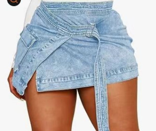 Fashion Lace-up Pocket Irregular Denim Skirt