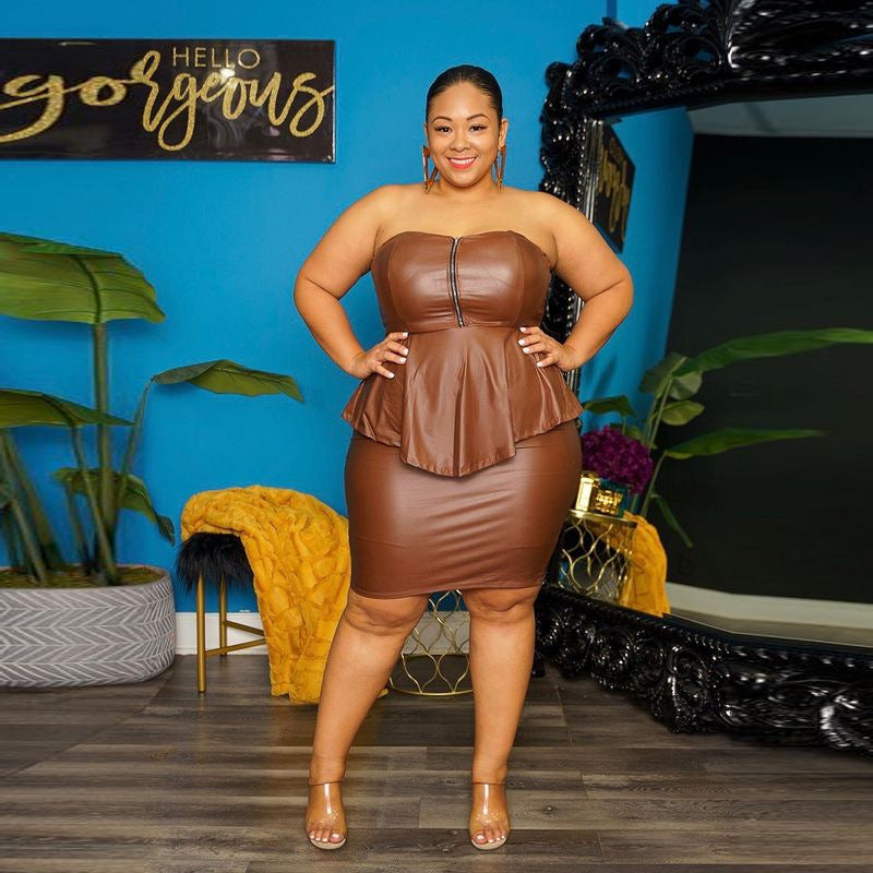 Summer Plus Size Women's Clothes Sexy Tube Top Hip Skirt Two-piece Set Solid Color Two Colors