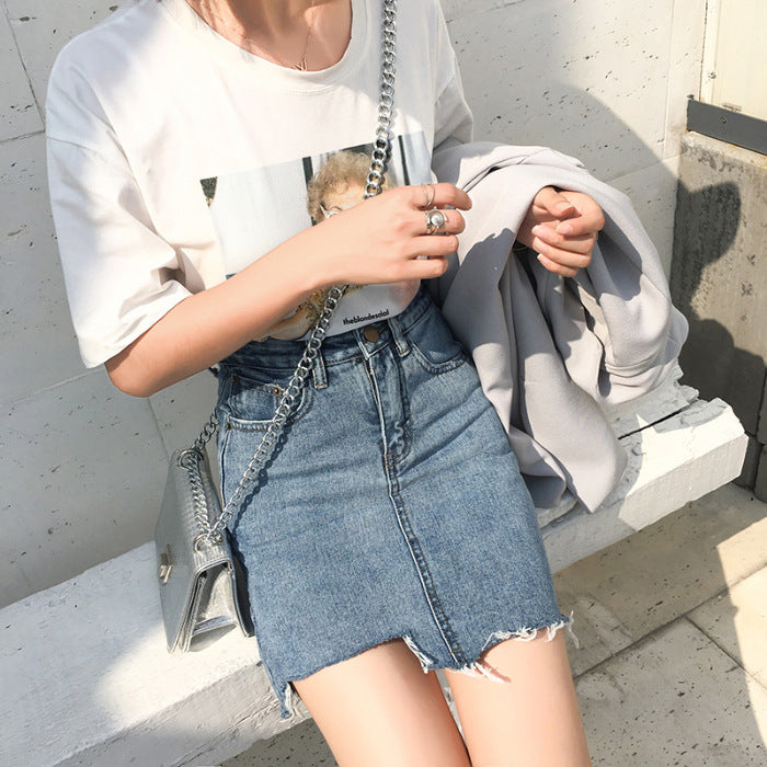 Frayed High Waist Denim Skirt