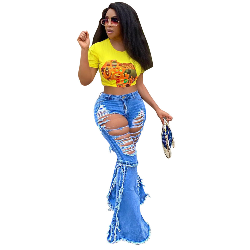 Fashion Tassel Hem Denim Pants