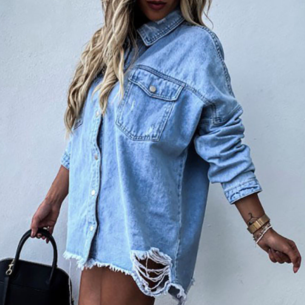 Long-Sleeved Ripped Denim Jacket
