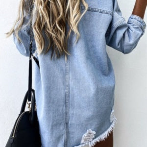 Long-Sleeved Ripped Denim Jacket