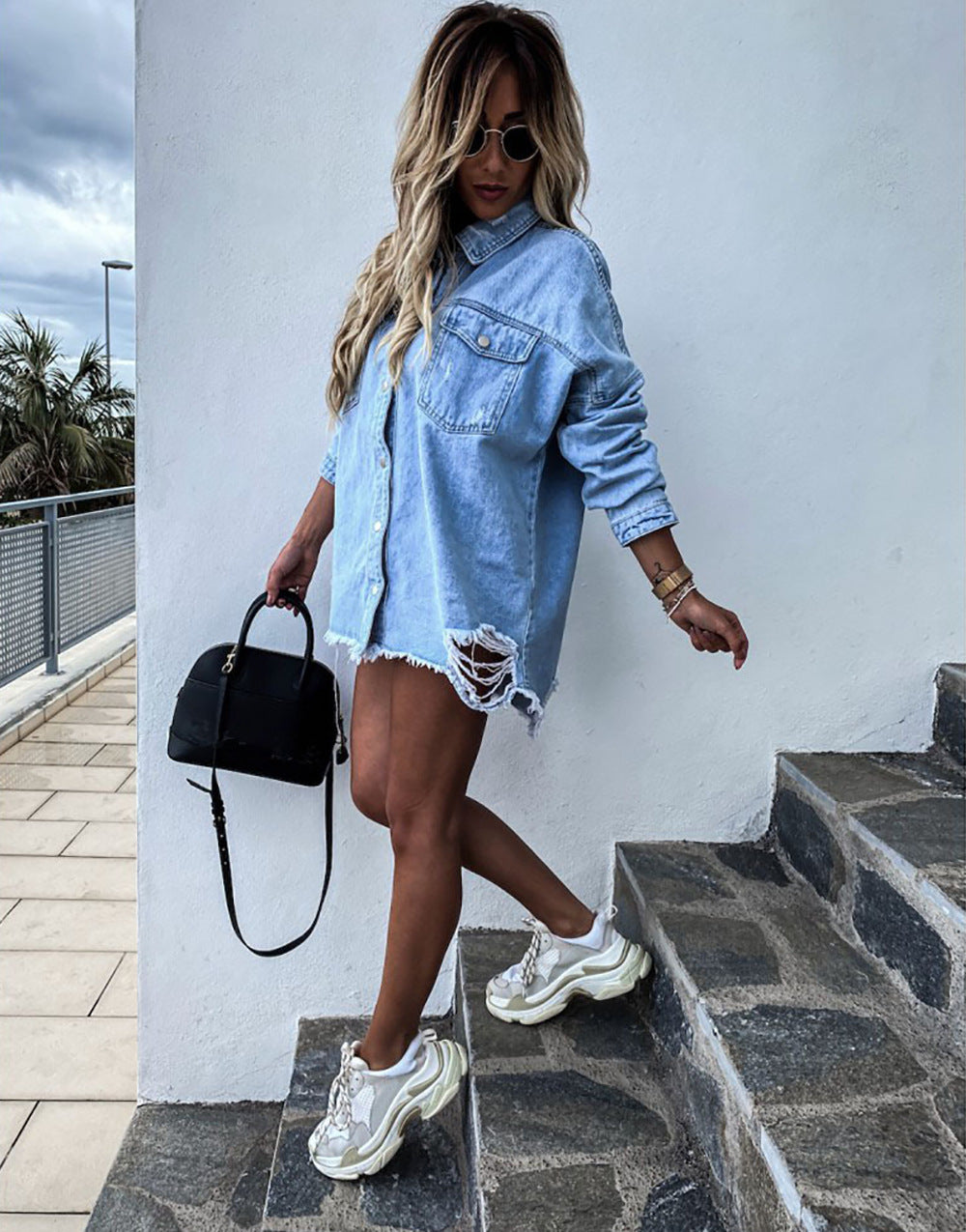 Long-Sleeved Ripped Denim Jacket