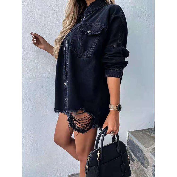 Long-Sleeved Ripped Denim Jacket