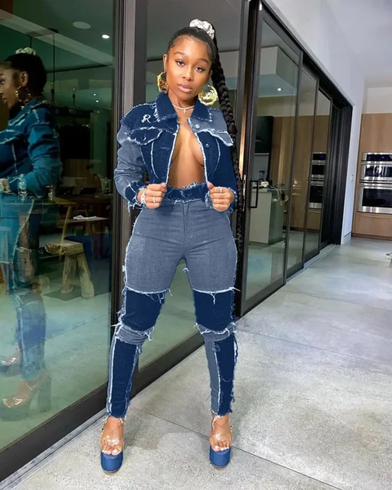 Women Denim Patchwork Jackets and Jeans Pants Suit