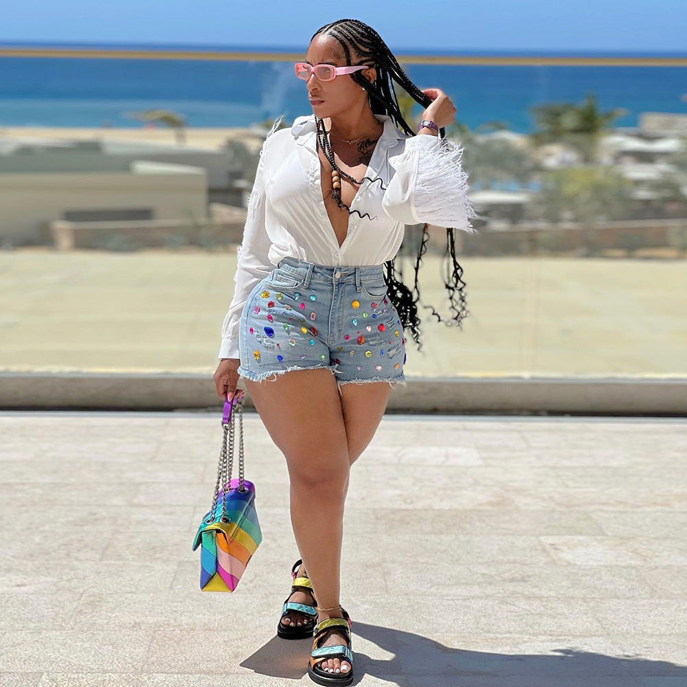 Colorful Crystals Tassel Brushed Denim Shorts