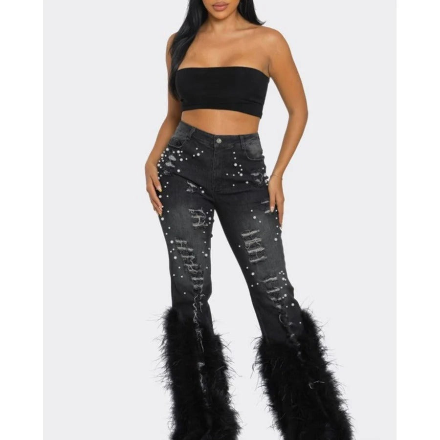 Ripped Beaded Stretch Jeans