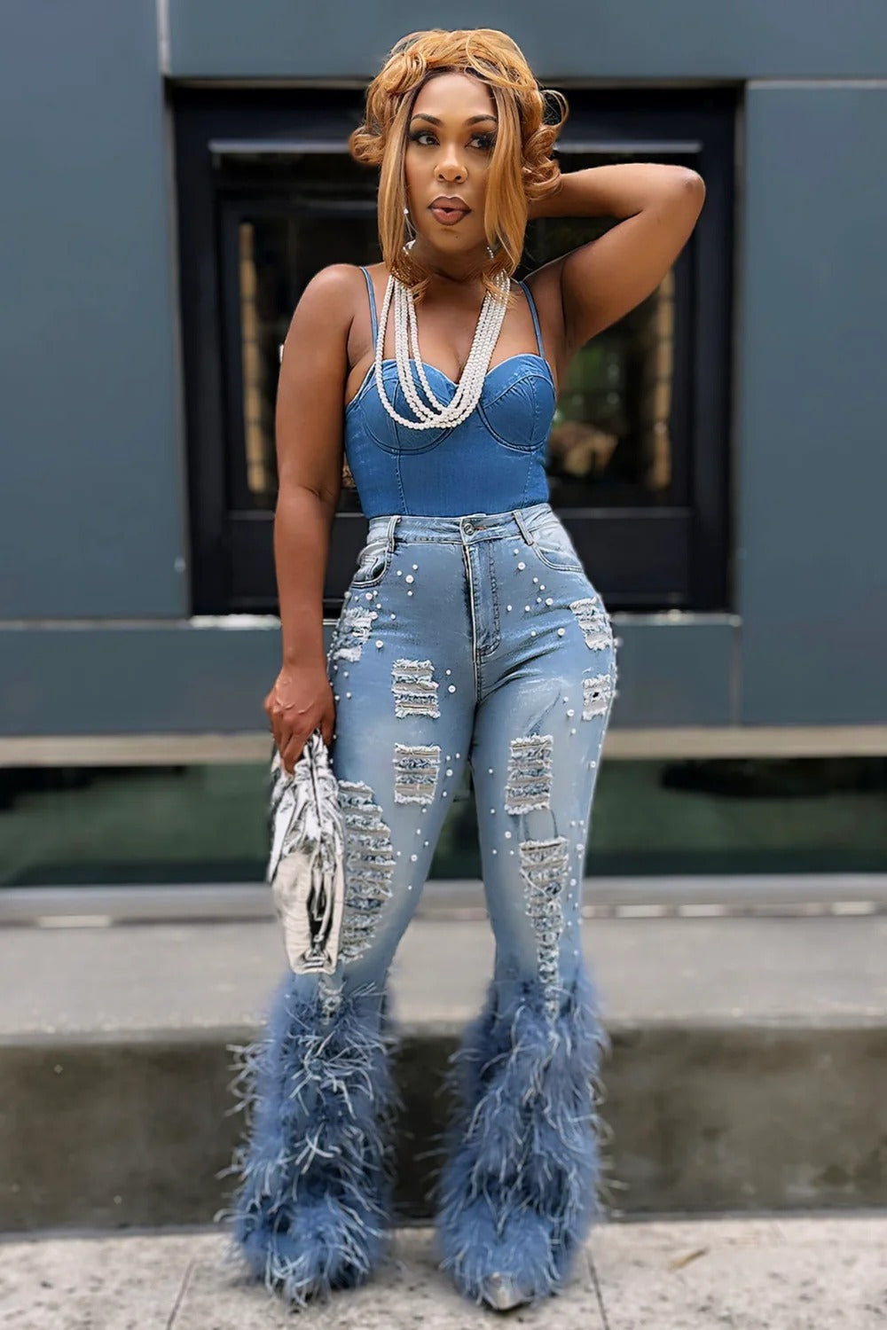 Ripped Beaded Stretch Jeans