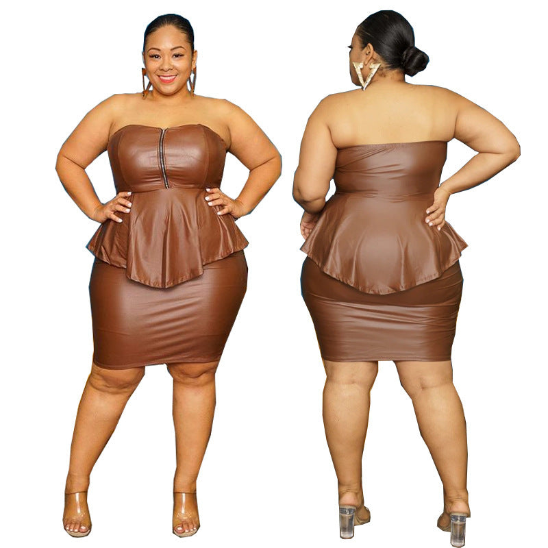 Summer Plus Size Women's Clothes Sexy Tube Top Hip Skirt Two-piece Set Solid Color Two Colors