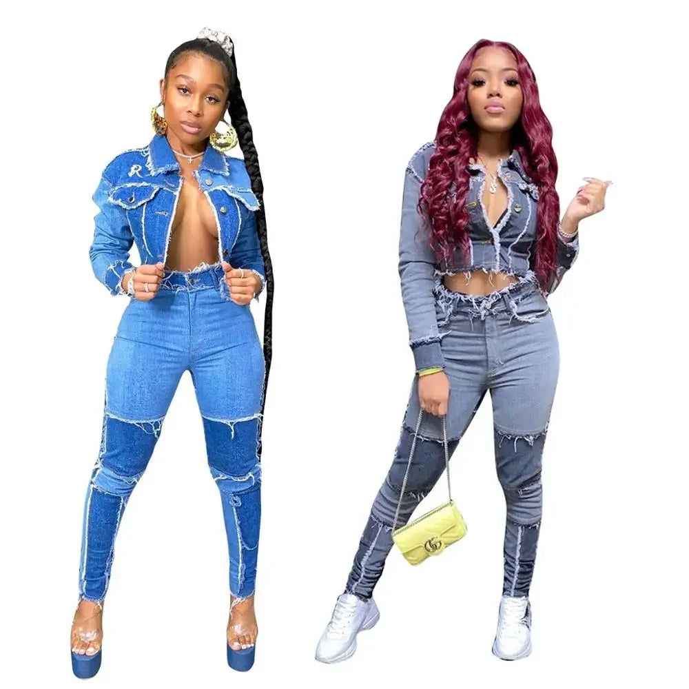 Women Denim Patchwork Jackets and Jeans Pants Suit