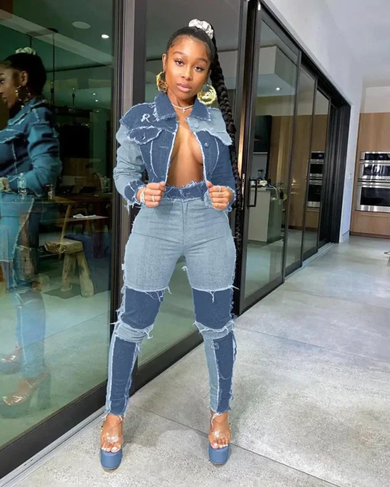 Women Denim Patchwork Jackets and Jeans Pants Suit
