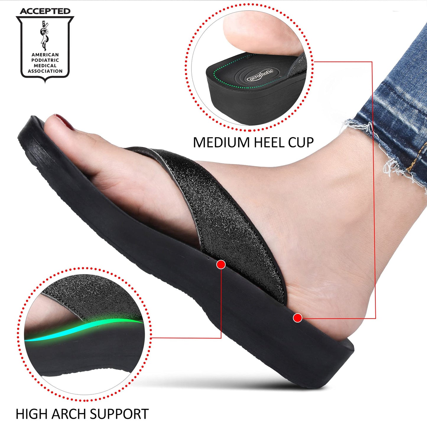 AEROTHOTIC Womens Slip On Lightweight Plantar Fasciitis Orthotic Flip Flops Comfortable Walking Outdoor Beach Ladies Arch Support Summer Thong Sandals (Crystal Black, size7)