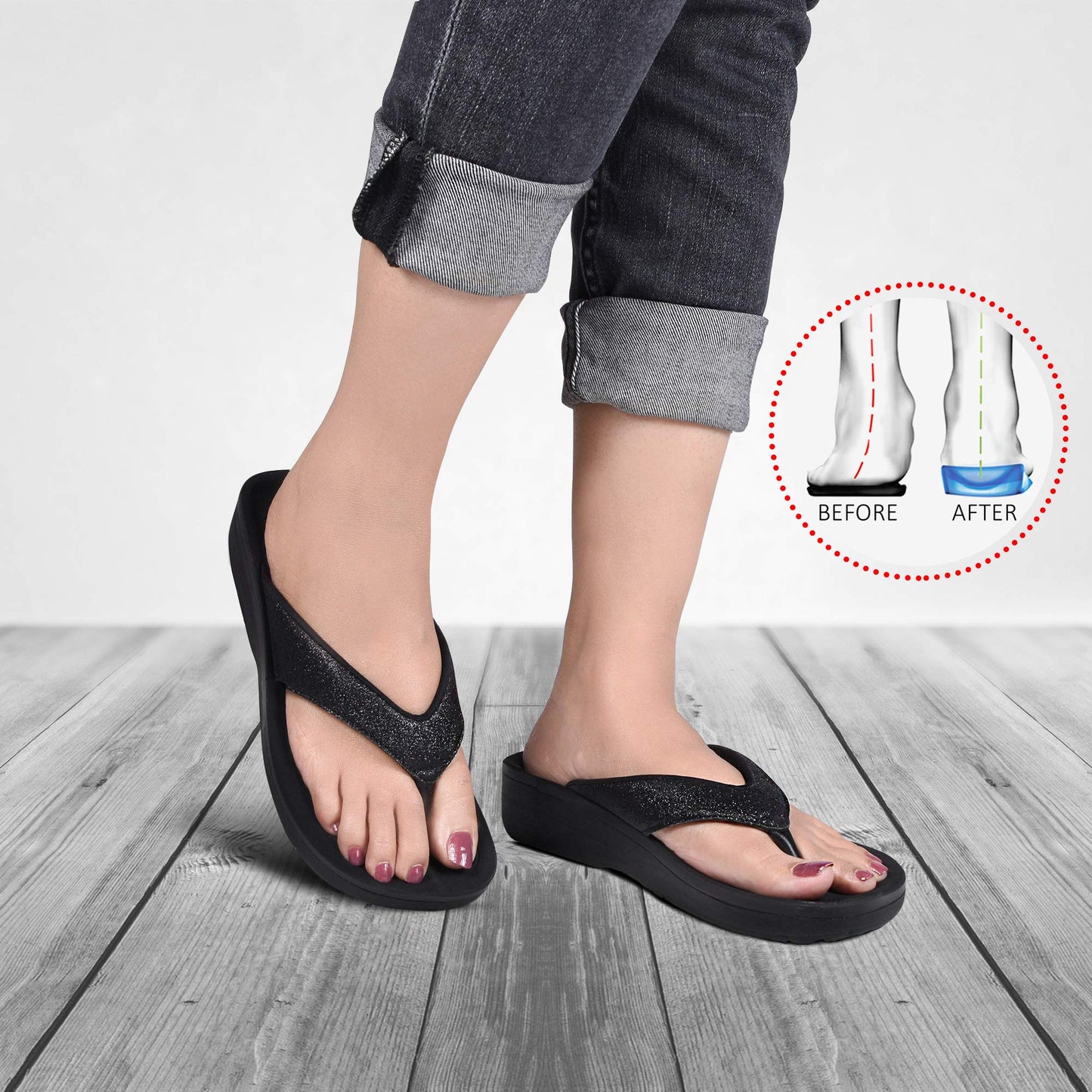 AEROTHOTIC Womens Slip On Lightweight Plantar Fasciitis Orthotic Flip Flops Comfortable Walking Outdoor Beach Ladies Arch Support Summer Thong Sandals (Crystal Black, size7)