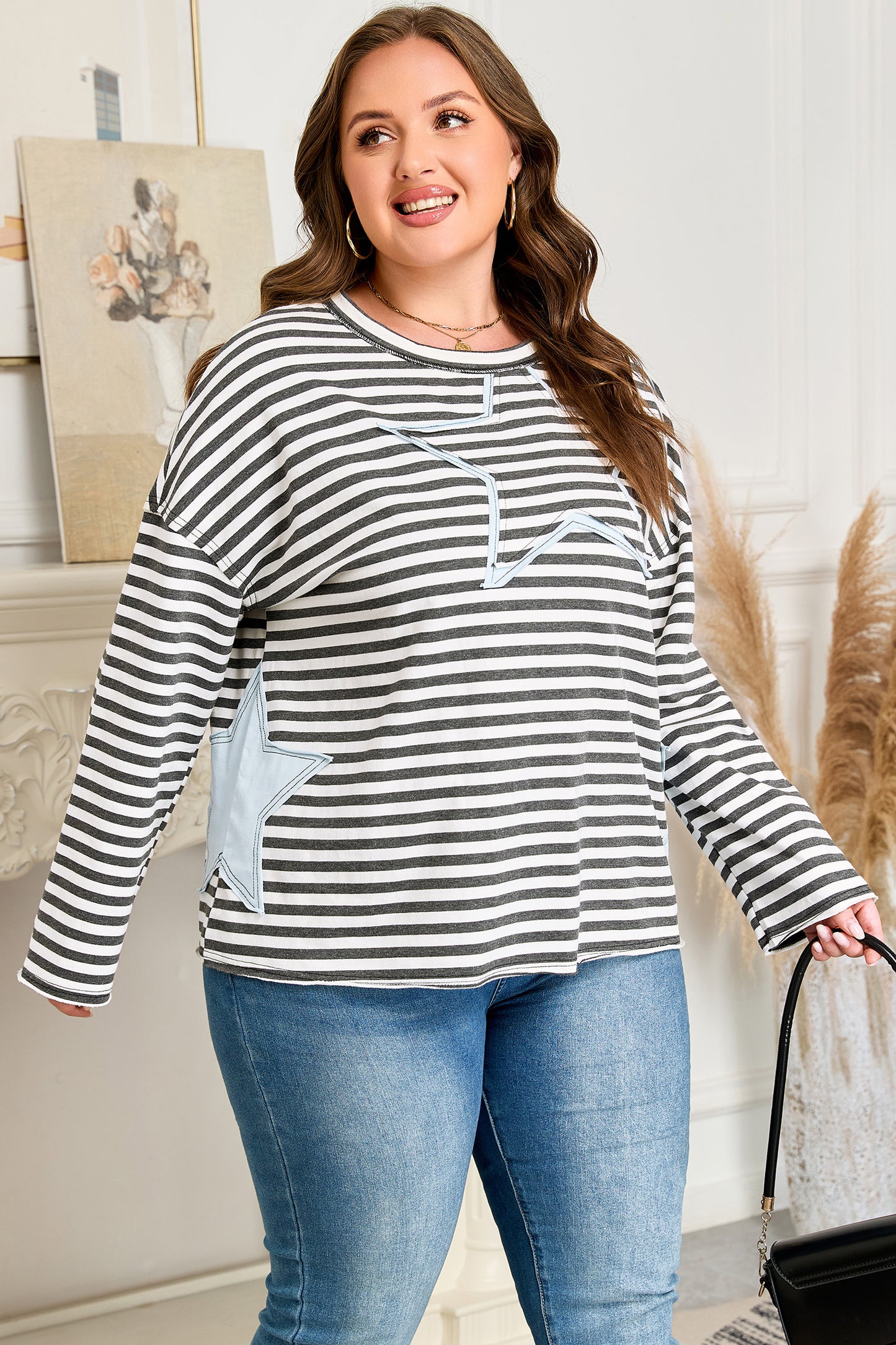 Gray Stripe Contrast Star Stitched Long Sleeve Top