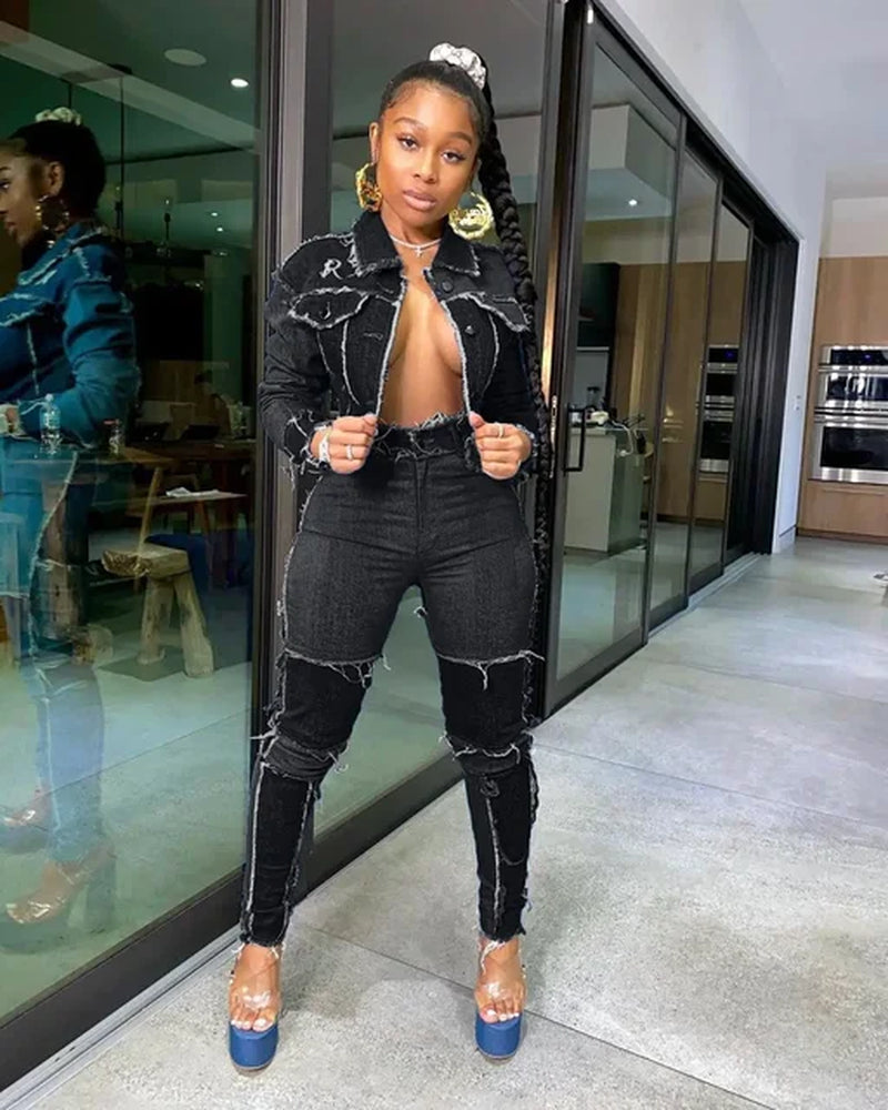 Women Denim Patchwork Jackets and Jeans Pants Suit