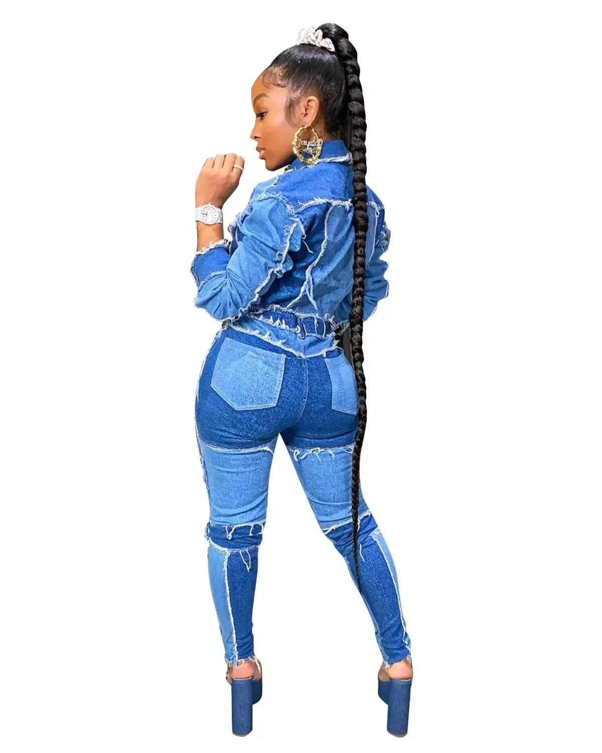 Women Denim Patchwork Jackets and Jeans Pants Suit