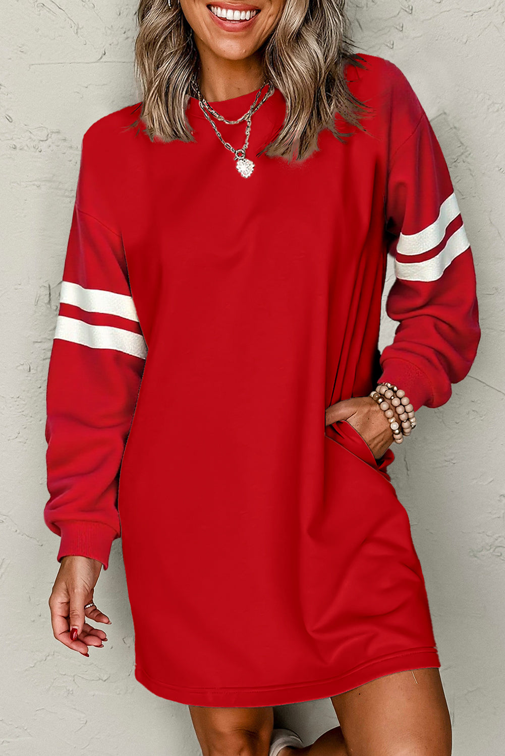 Tillandsia Purple Varsity Contrast Banded Sleeve Shift Sweatshirt Dress
