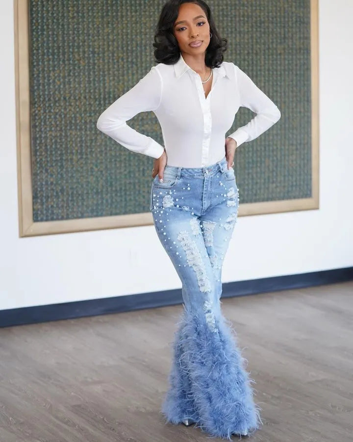 Ripped Beaded Stretch Jeans