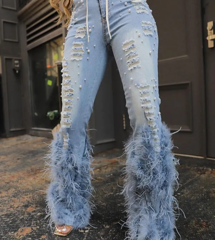 Ripped Beaded Stretch Jeans