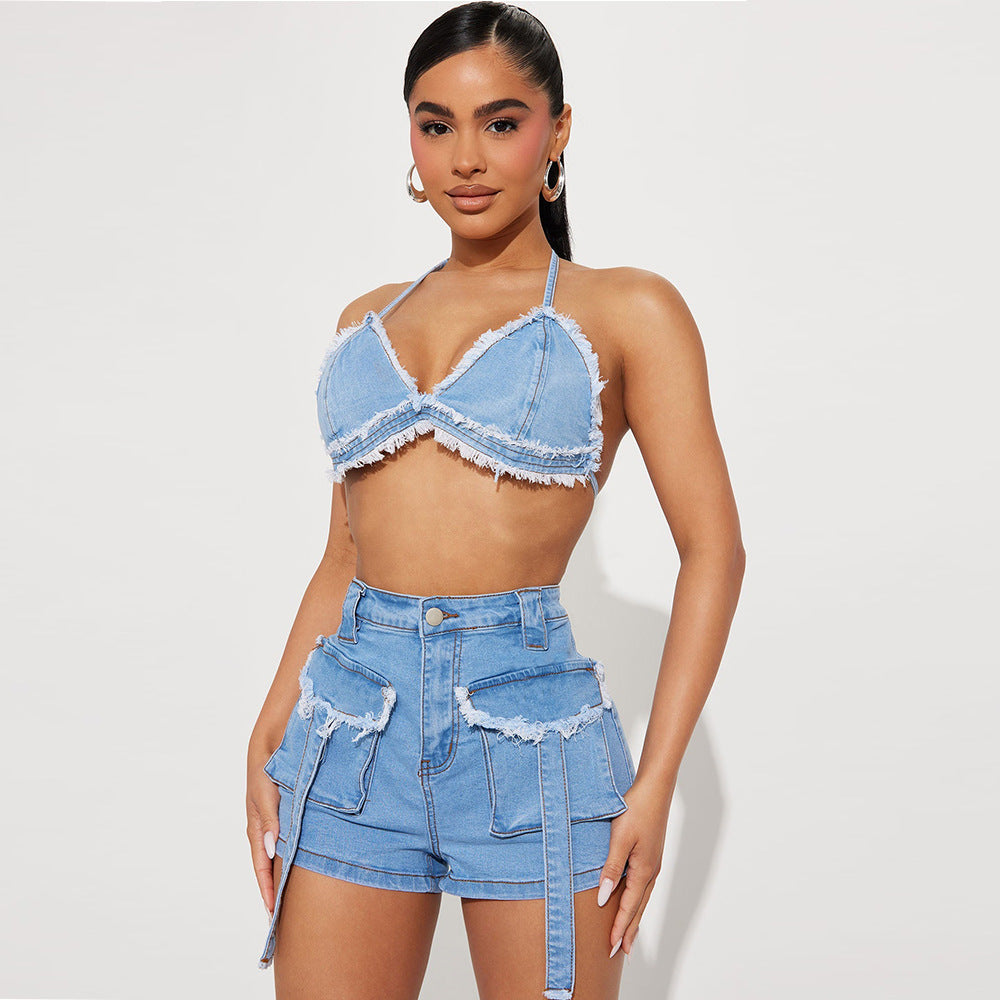 Tassel Pocket Wash Navel Backless Denim Suit