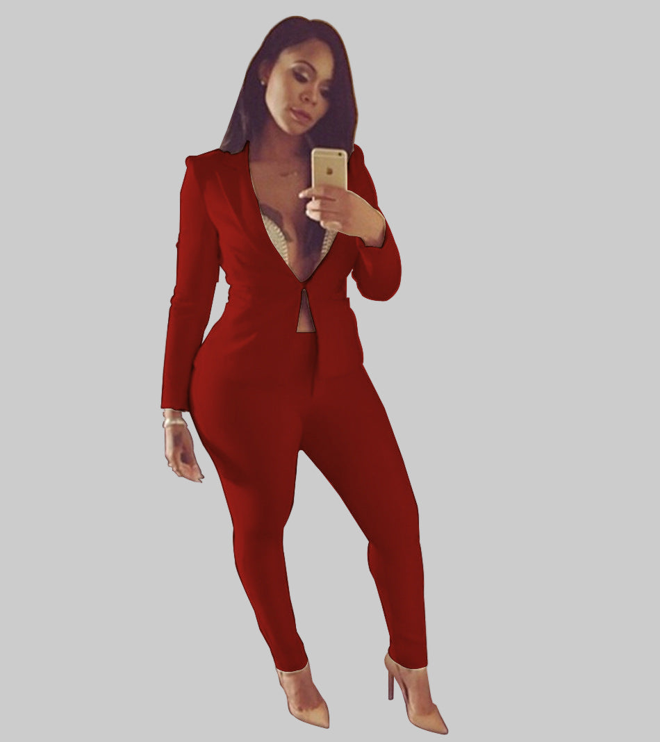 Solid Color Pants Suit