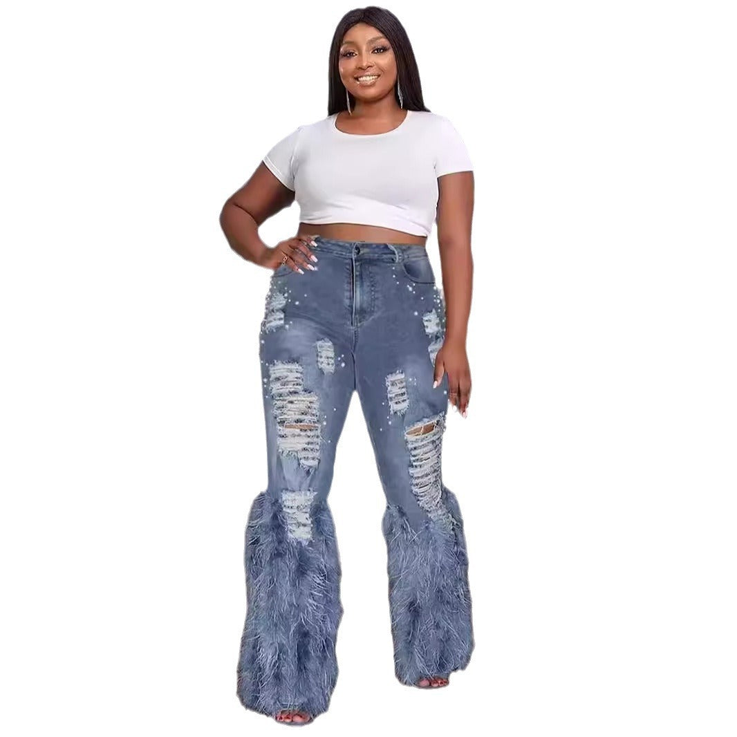 Ripped Beaded Stretch Jeans
