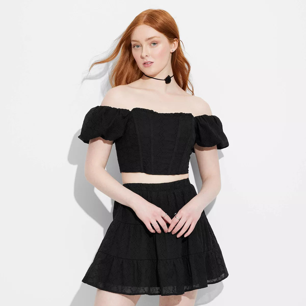Women'S Puff Cap Sleeve Eyelet Corset Top