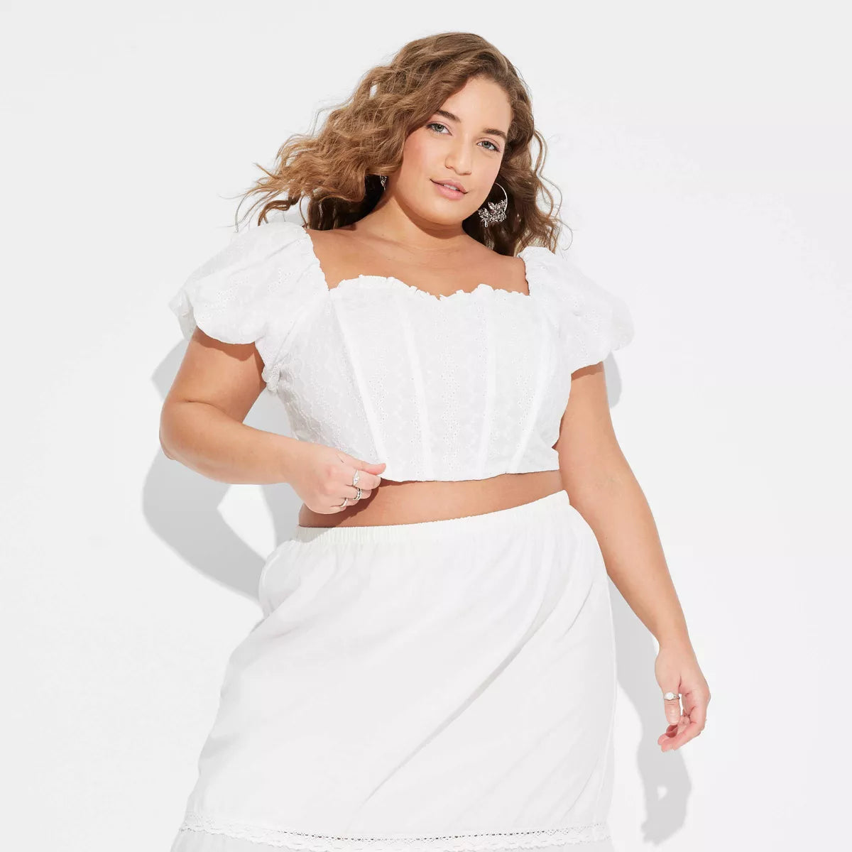 Women'S Puff Cap Sleeve Eyelet Corset Top