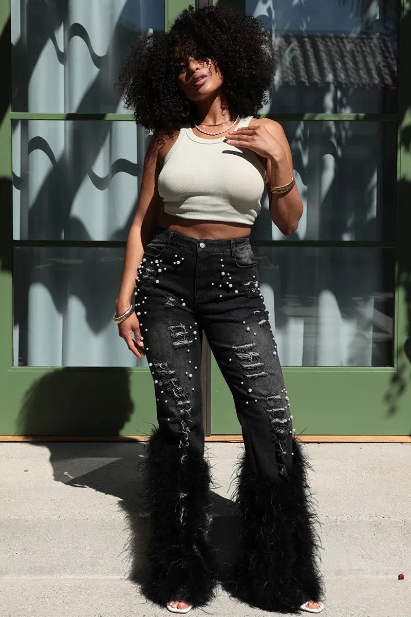 Ripped Beaded Stretch Jeans