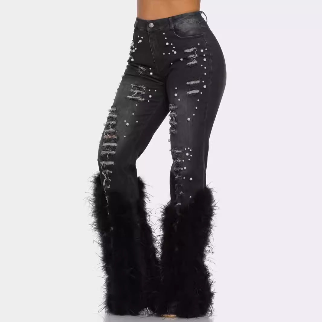 Ripped Beaded Stretch Jeans