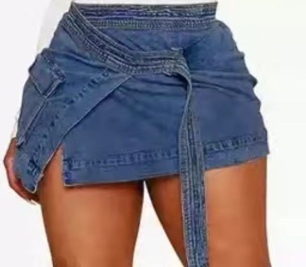Fashion Lace-up Pocket Irregular Denim Skirt