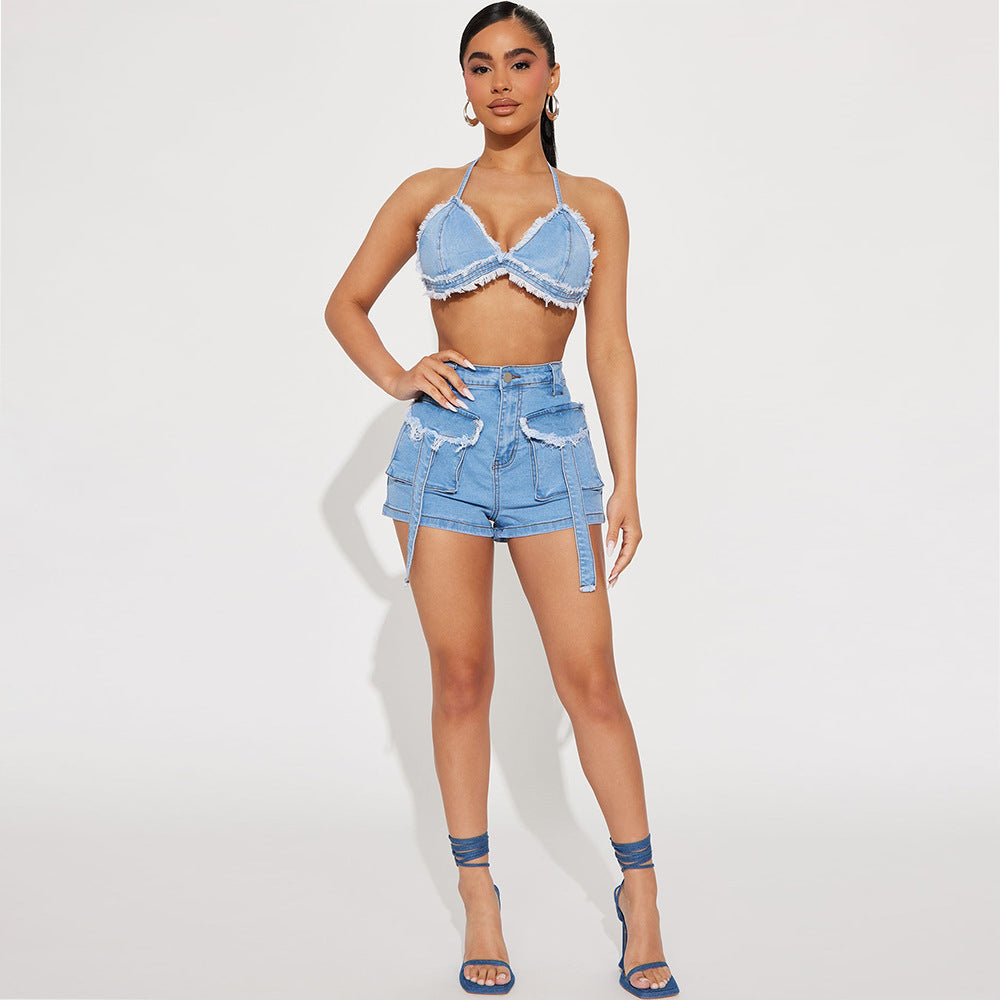 Tassel Pocket Wash Navel Backless Denim Suit
