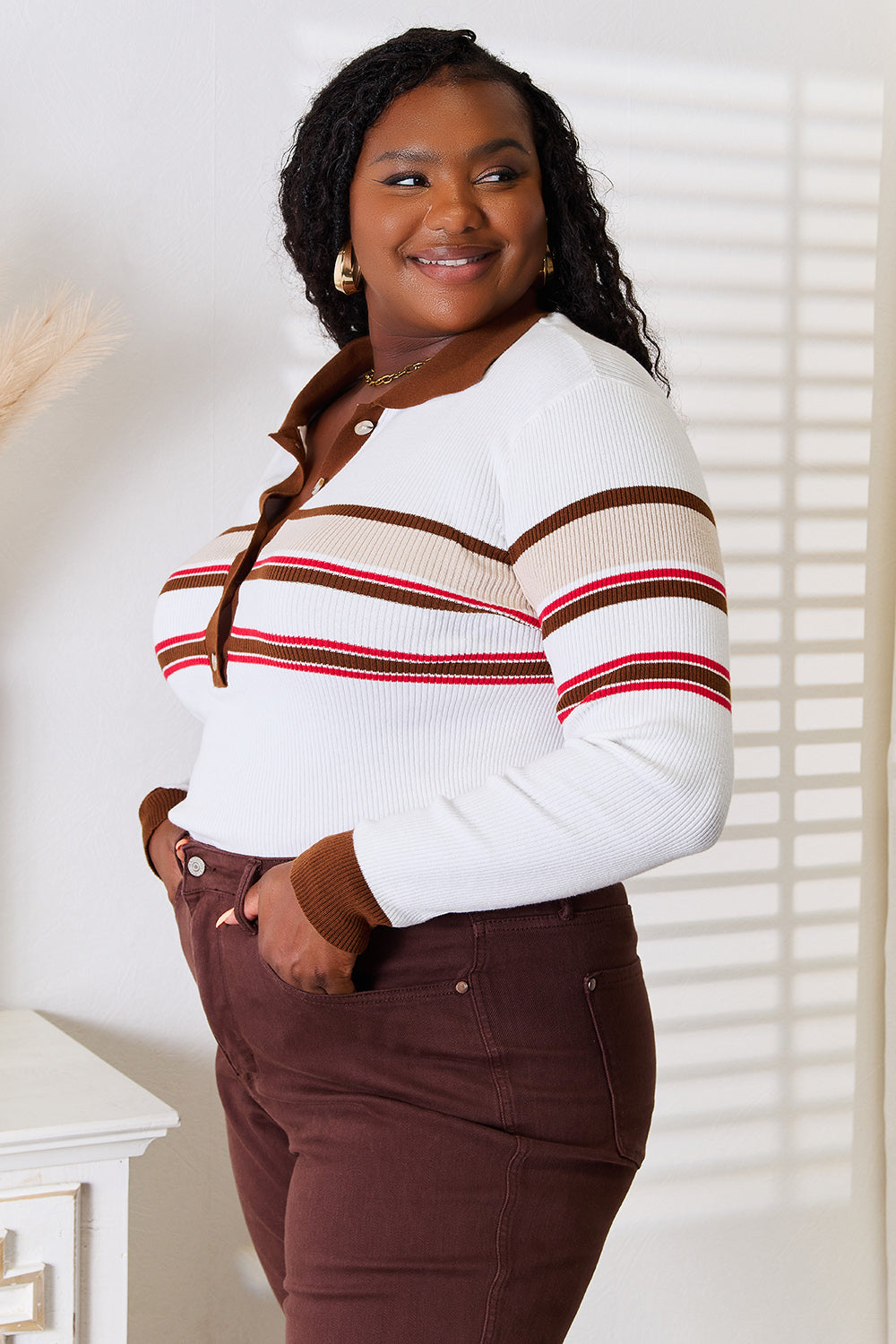 Bae Striped Collared Neck Rib-Knit Top