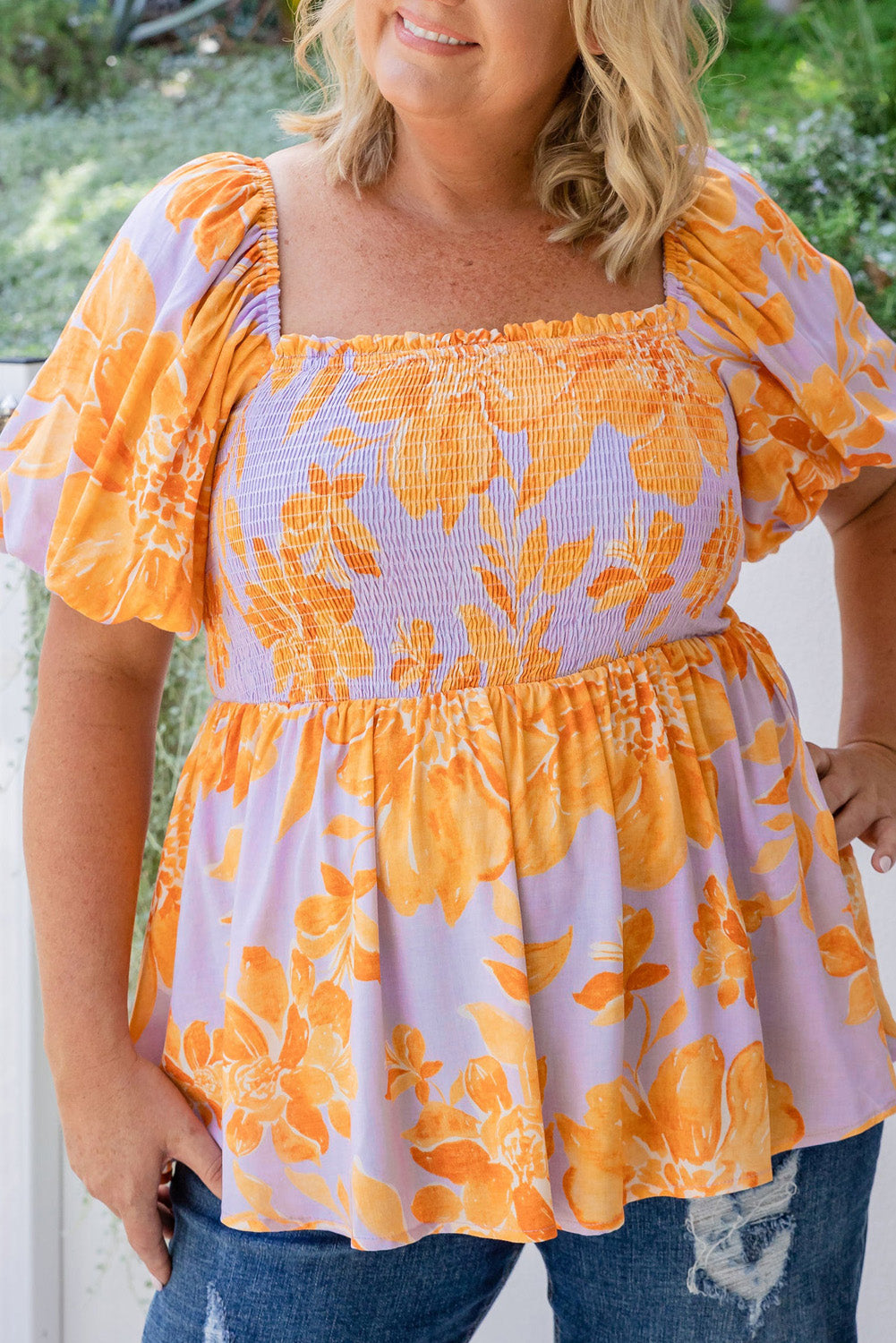 Purple Floral Puff Sleeve Square Neck Smocked Babydoll Blouse