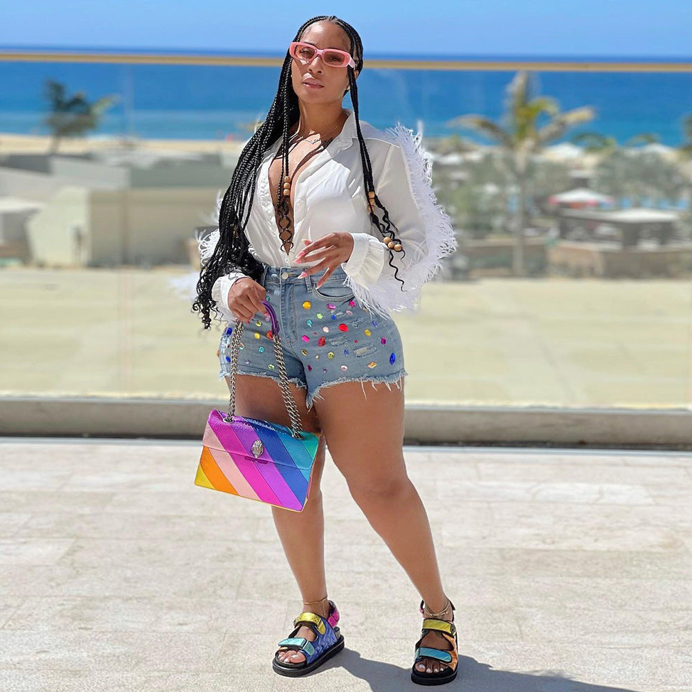Colorful Crystals Tassel Brushed Denim Shorts