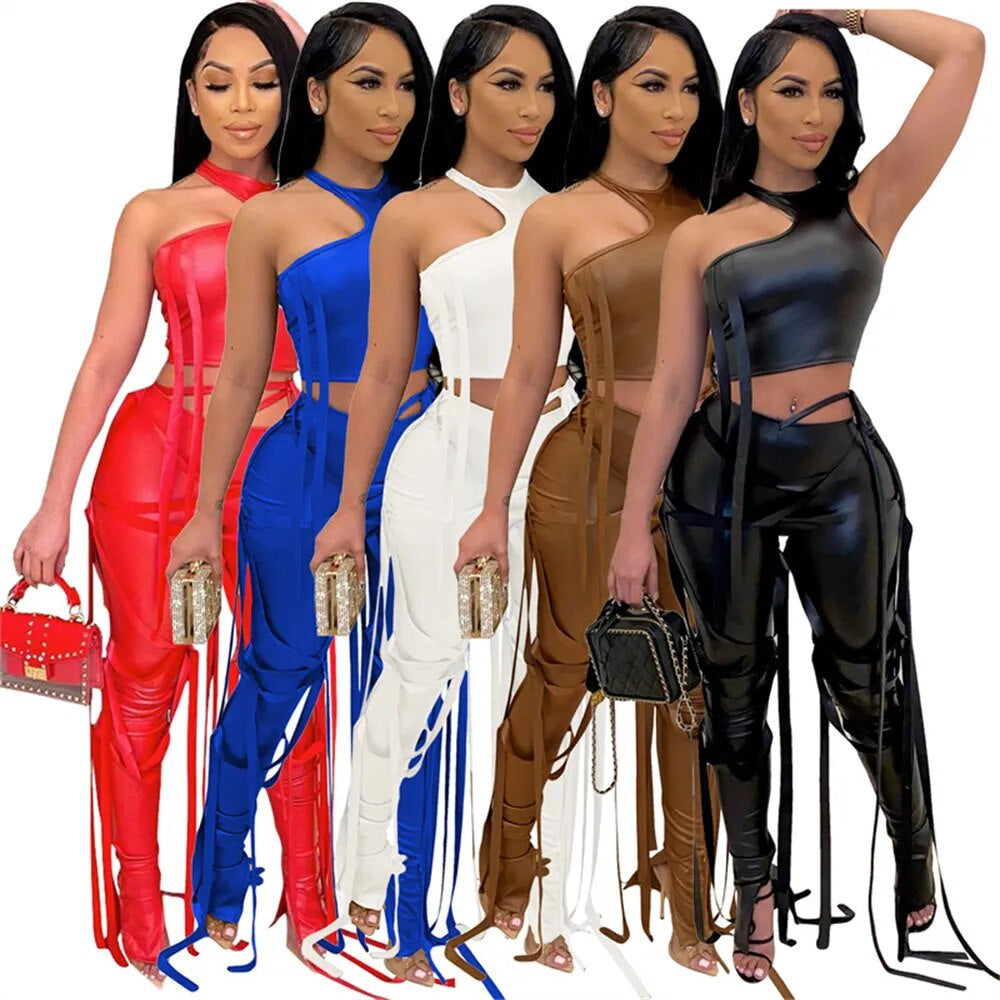 PU Faux Leather Two Piece Outfits for Women Party Club Matching Sets Crop Top Lace up Bandage Pants 2 Piece Sets Women Outfits