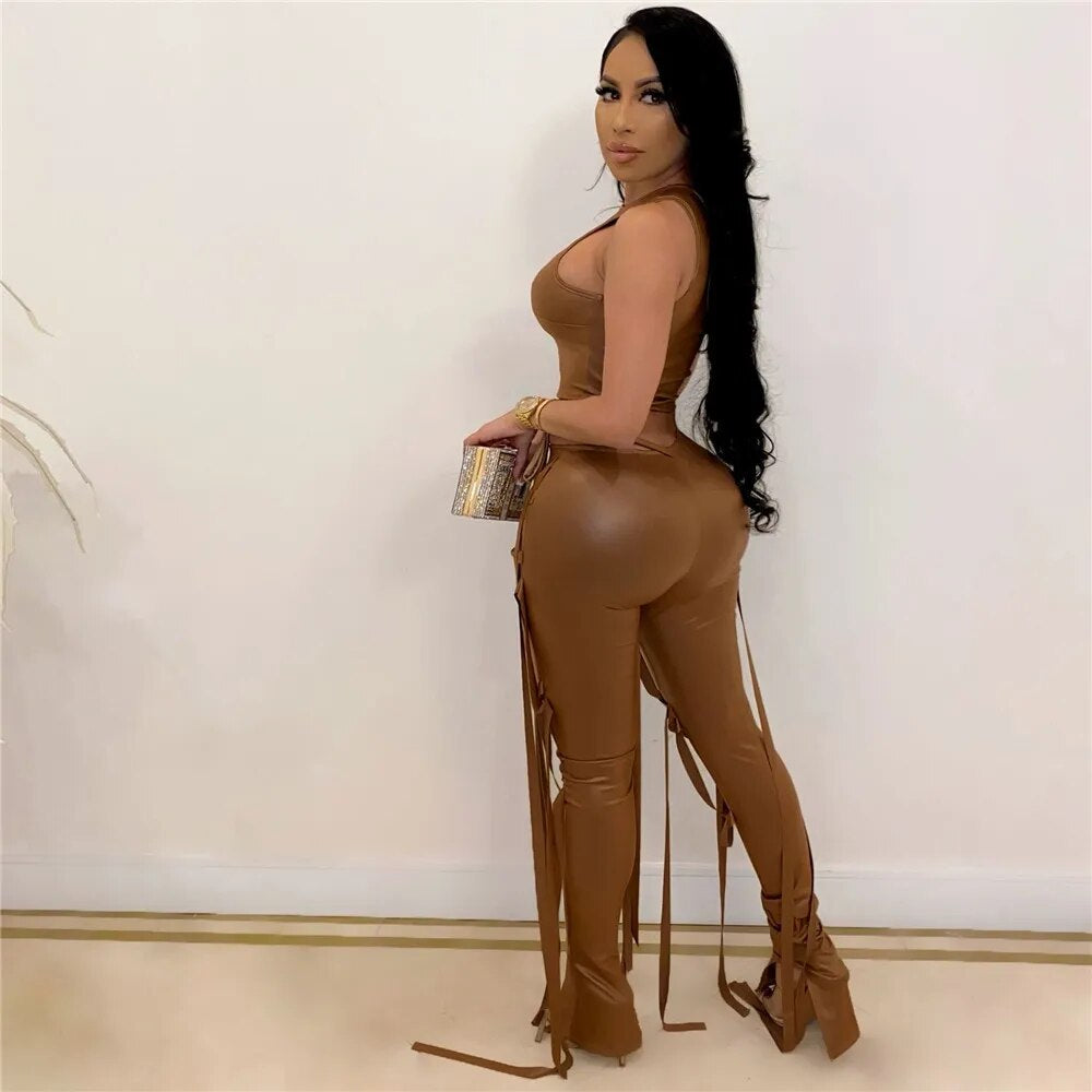 PU Faux Leather Two Piece Outfits for Women Party Club Matching Sets Crop Top Lace up Bandage Pants 2 Piece Sets Women Outfits