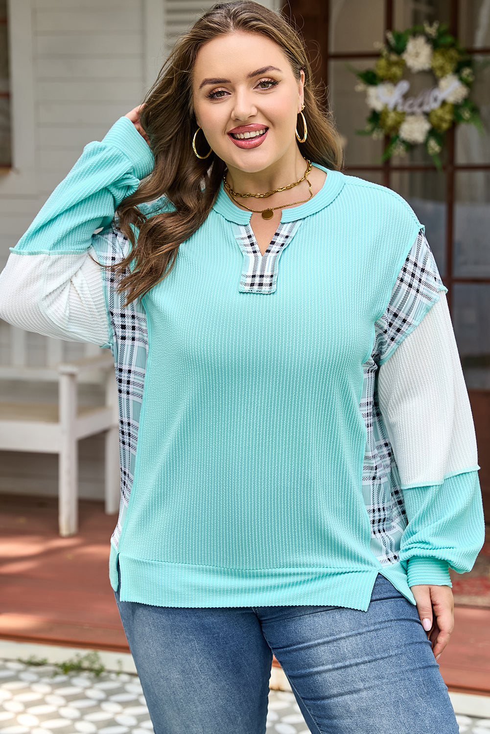 Aruba Blue Twist Ribbed Patchwork Long Sleeve Top