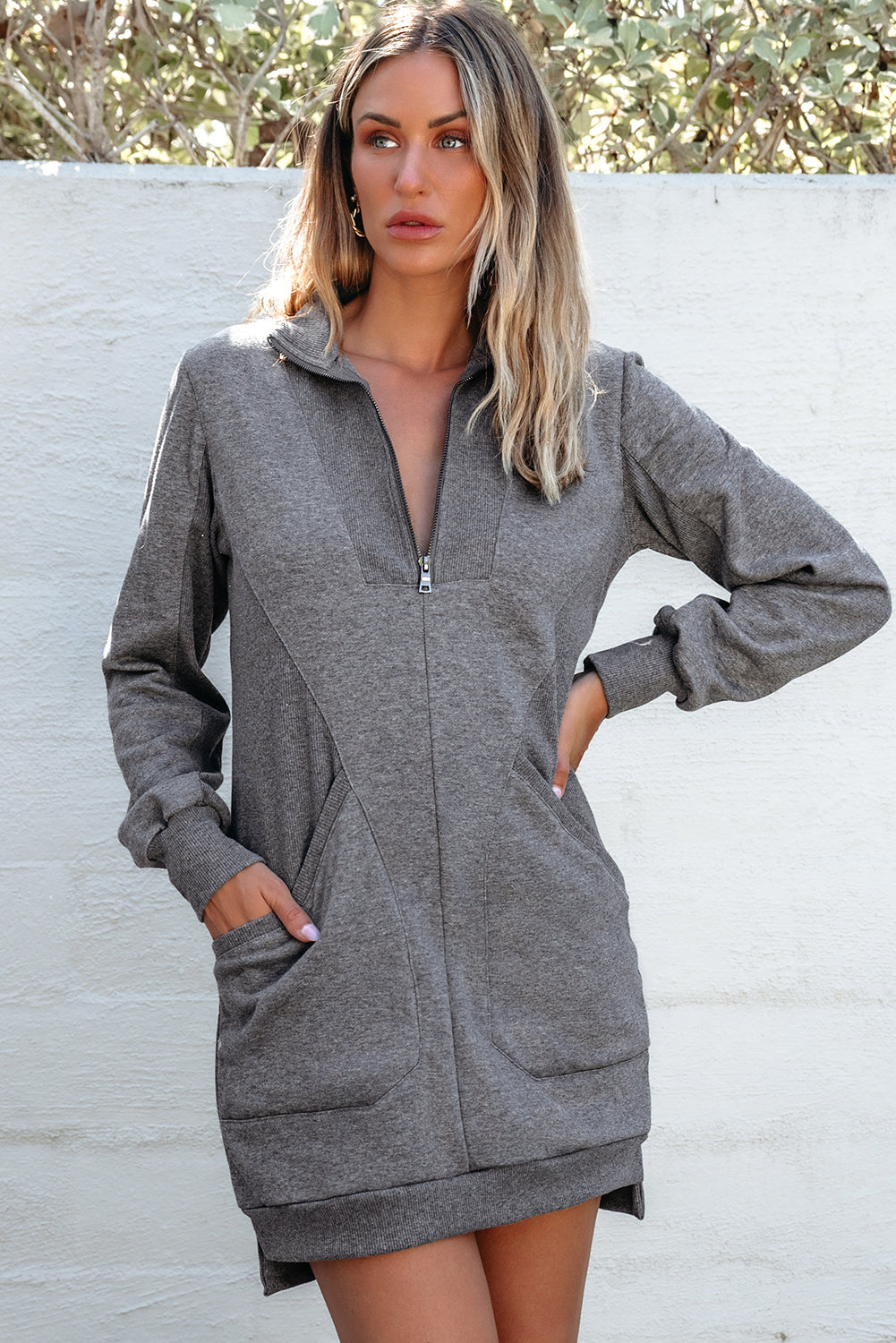 Ivy Zip up Collared Ribbed Patchwork Sweatshirt Dress with Pockets