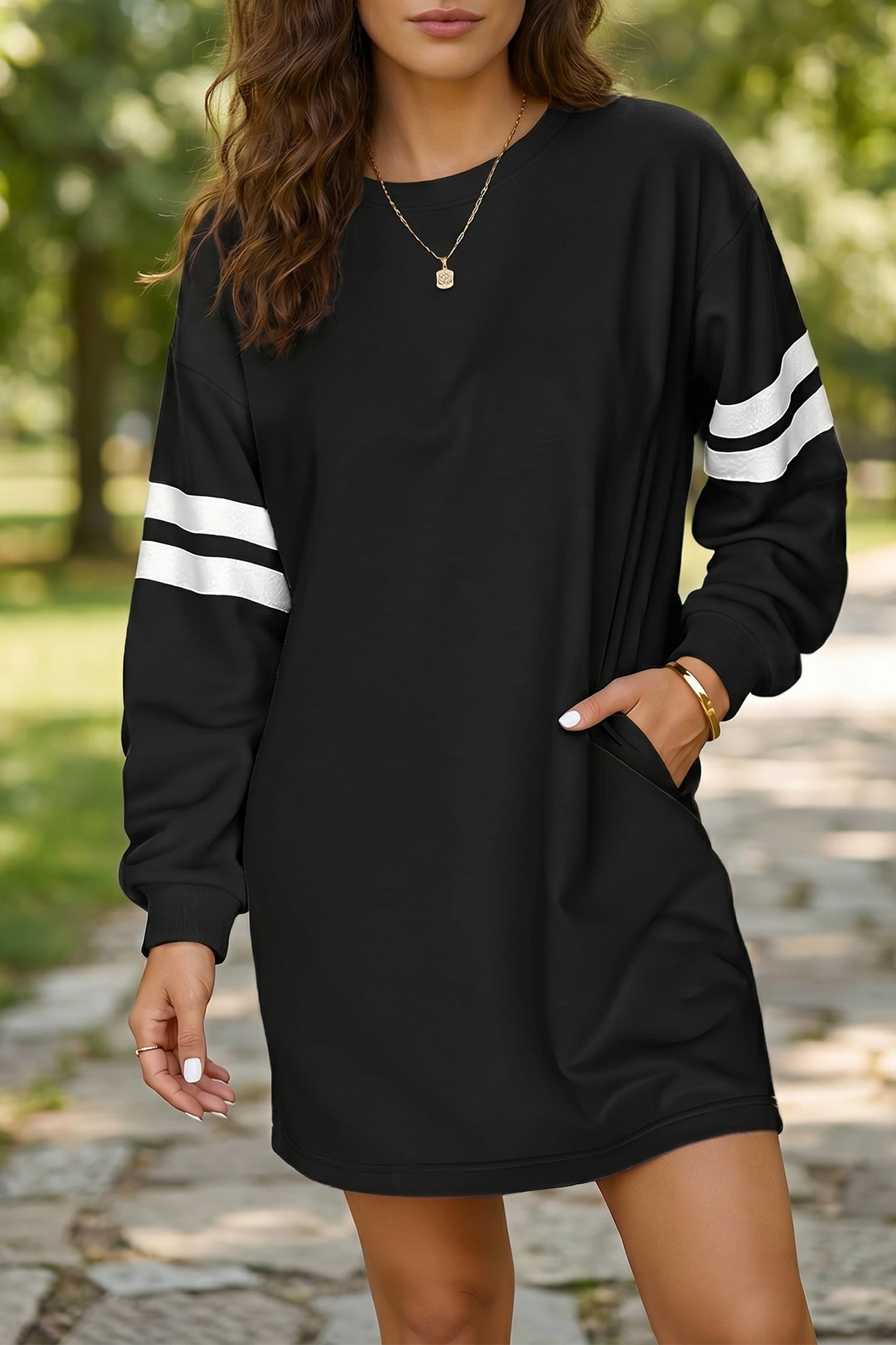 Tillandsia Purple Varsity Contrast Banded Sleeve Shift Sweatshirt Dress