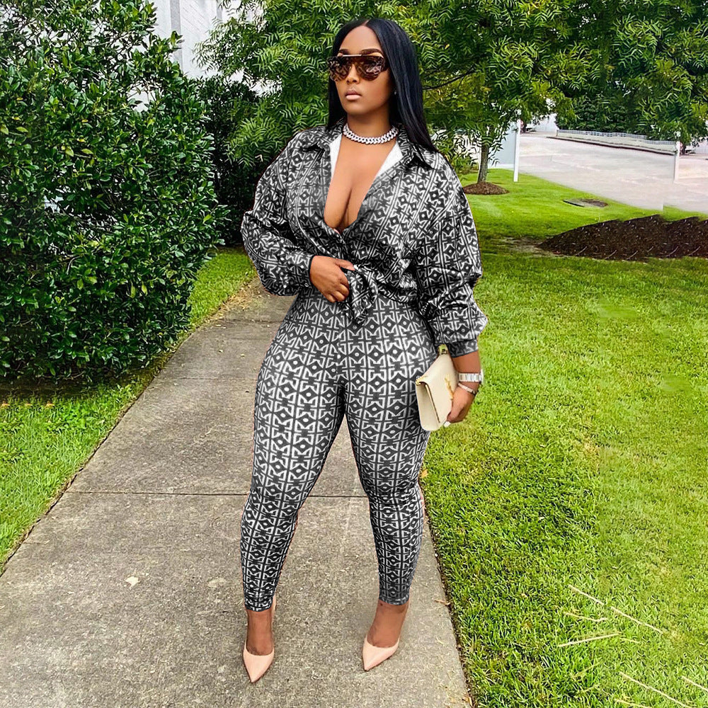 Geo Pattern Shirt High Waist Pants Set