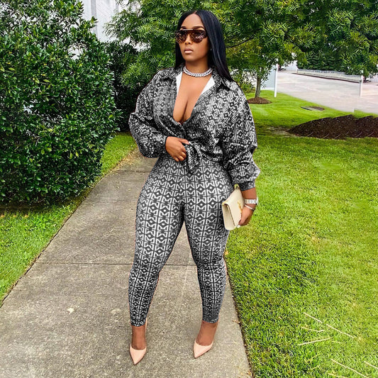 Geo Pattern Shirt High Waist Pants Set