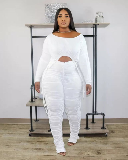 Round Neck Pleated Drawstring Long Sleeve 2-piece Suit