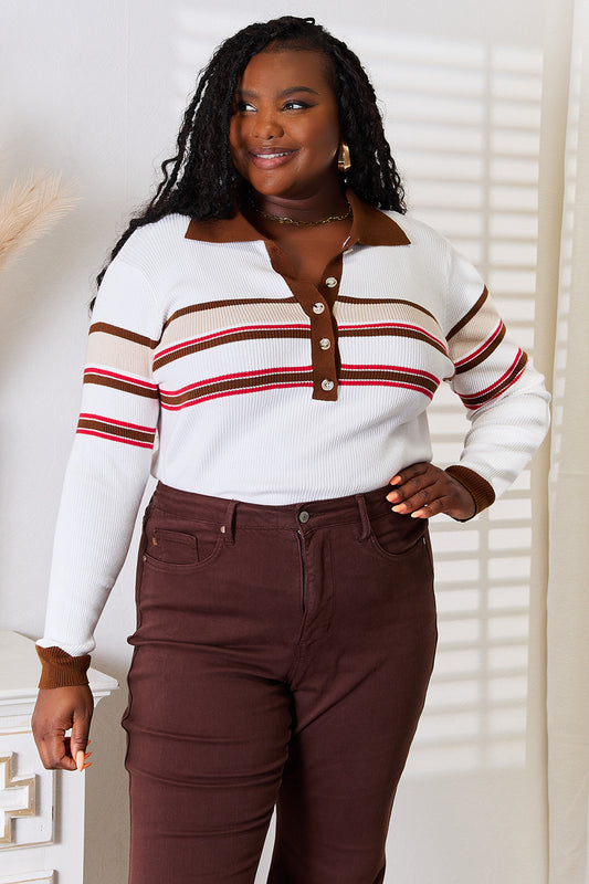 Bae Striped Collared Neck Rib-Knit Top