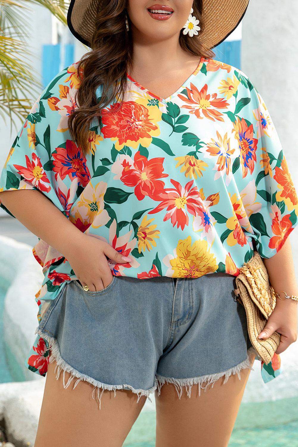 Sky Blue Floral Print V Neck Batwing Sleeve Blouse