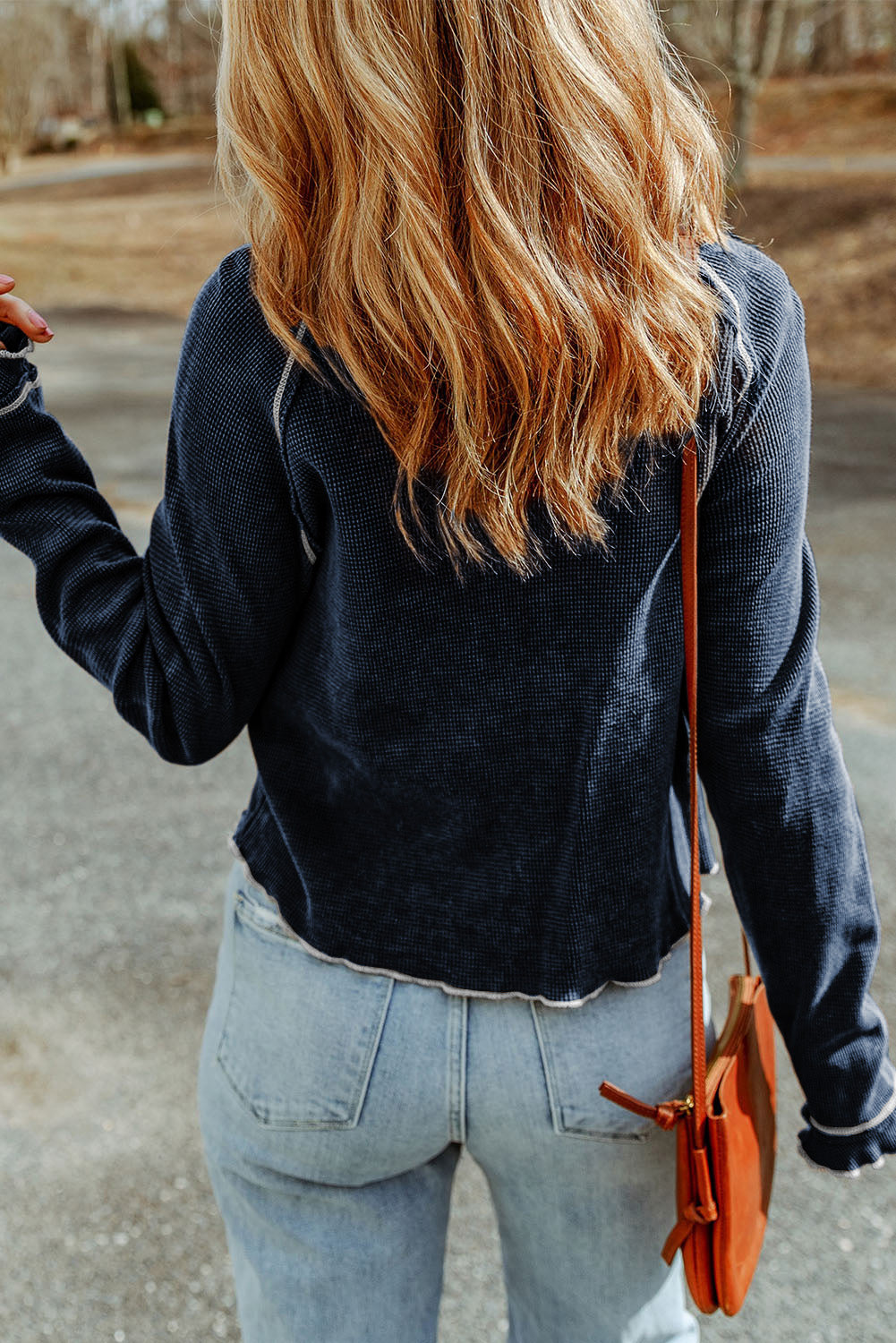 Smoke Gray Textured Round Neck Long Sleeve Top