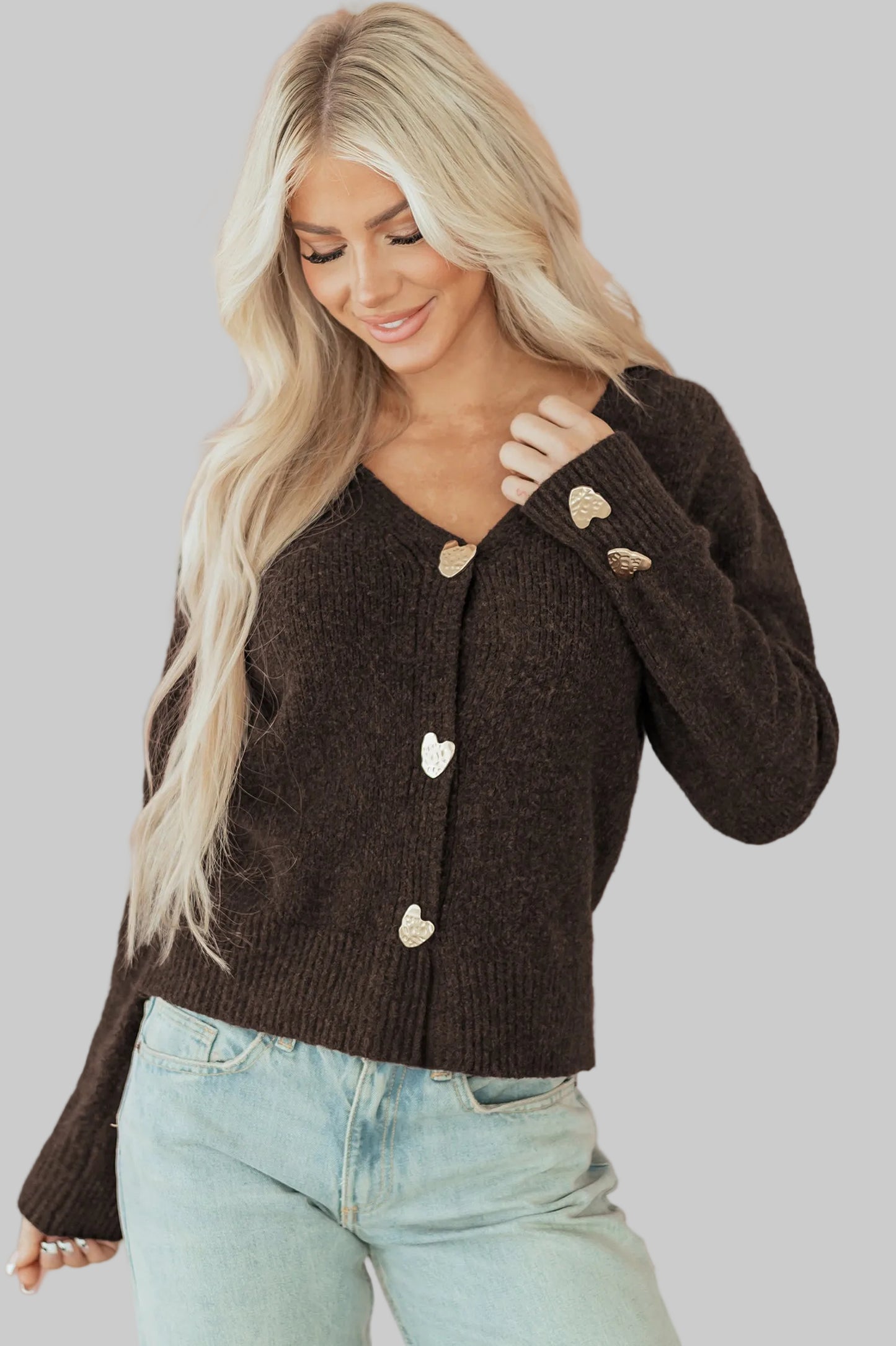 Chicory Coffee Heart Metal Button V Neck Cardigan Sweater