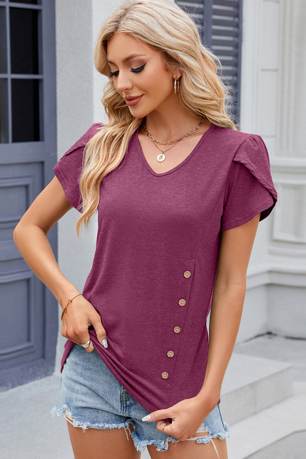 Decorative Button V-Neck Short Sleeve T-Shirt