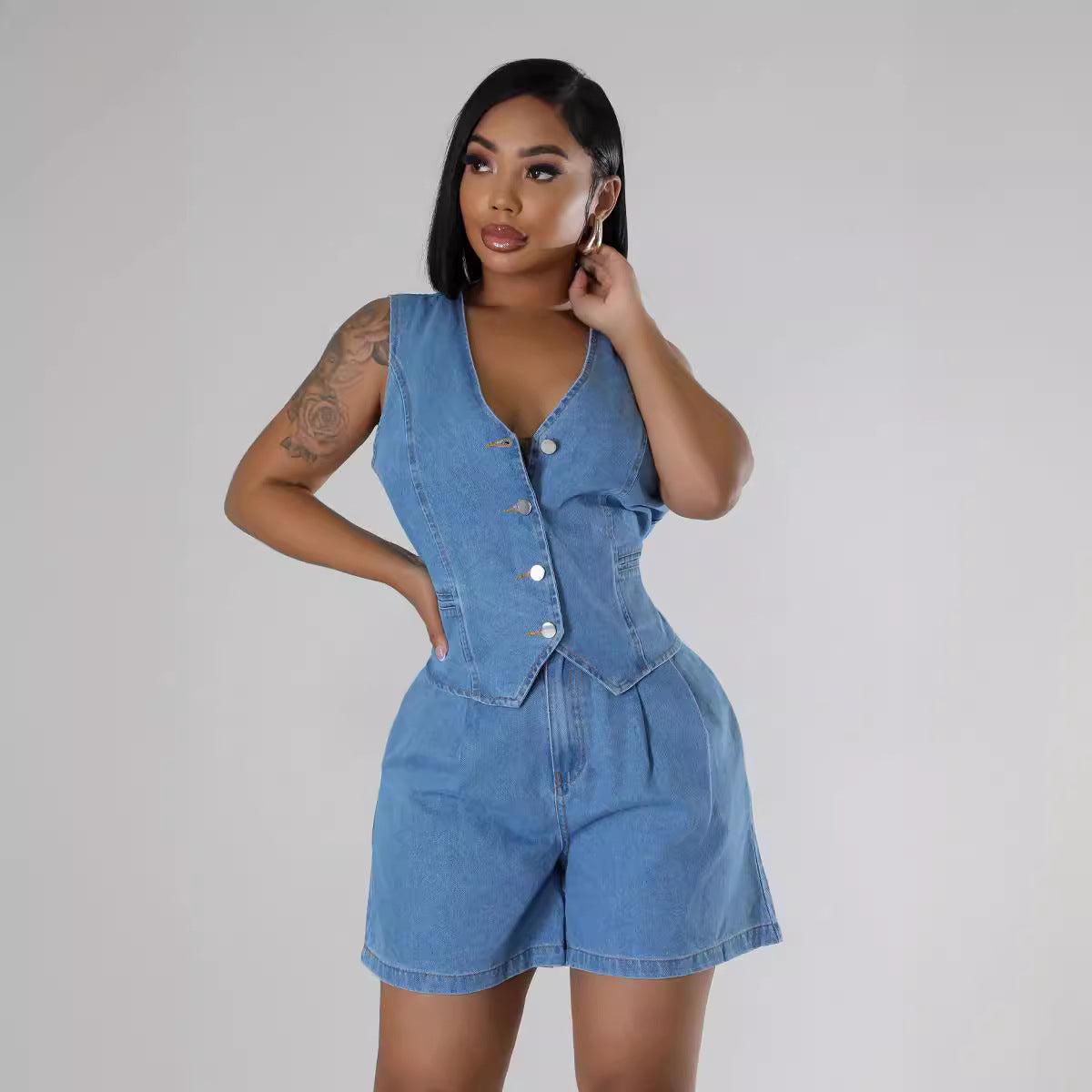 High-Waist Denim Shorts Suit