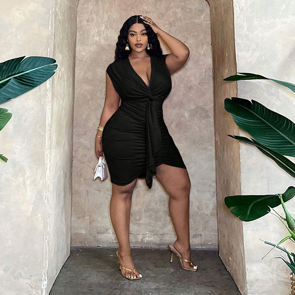 V-neck Waist-tight Ruffle Hip Dress